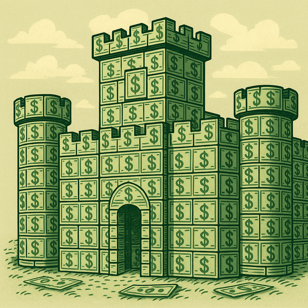 A castle built of paper currency.