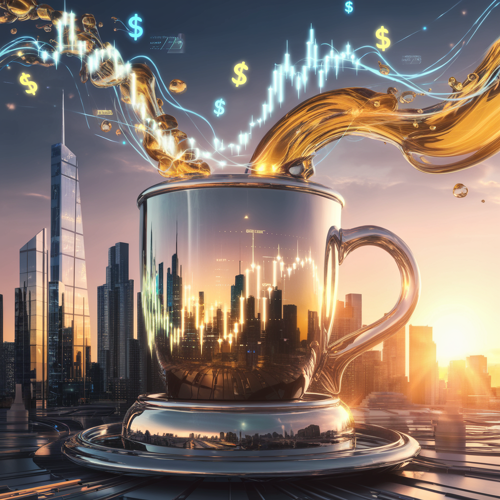 A city-building-sized silver cup overflowing with dollar signs, gold, and stocks charts.