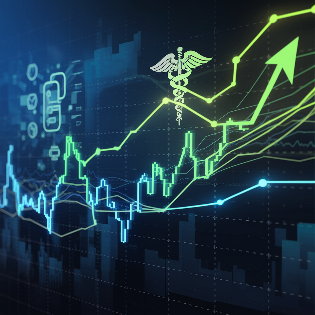 A symbol for healthcare with a stock chart in the background.