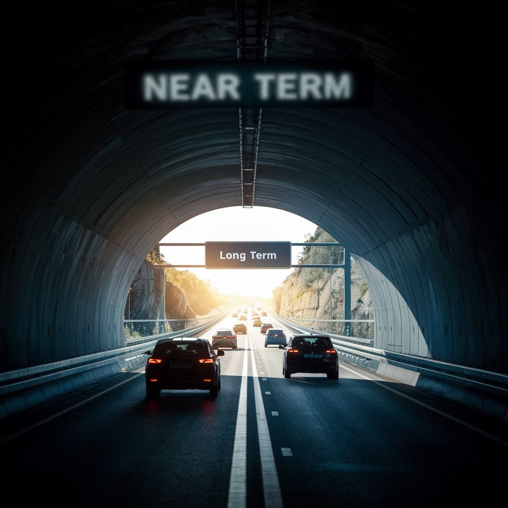 A double-lane highway going through a tunnel with one street sign that says Near Term and another further in the distance that says Long Term.