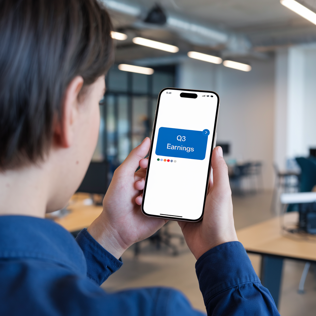 Person holding a smartphone that says Q3 earnings on the screen.