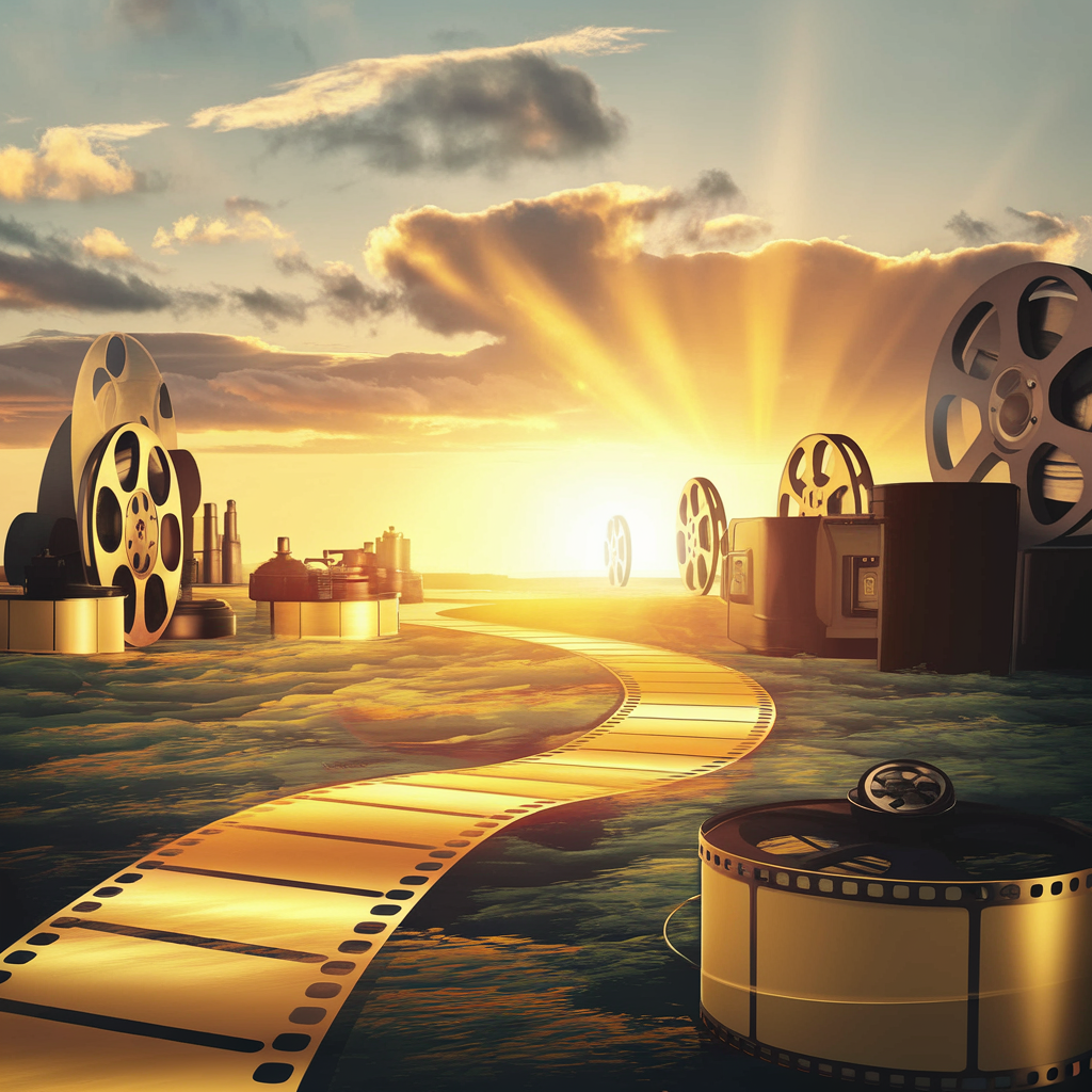 AI-generated image of film strips in the sky representing Paramount and Skydance's merger being cleared by the FCC.