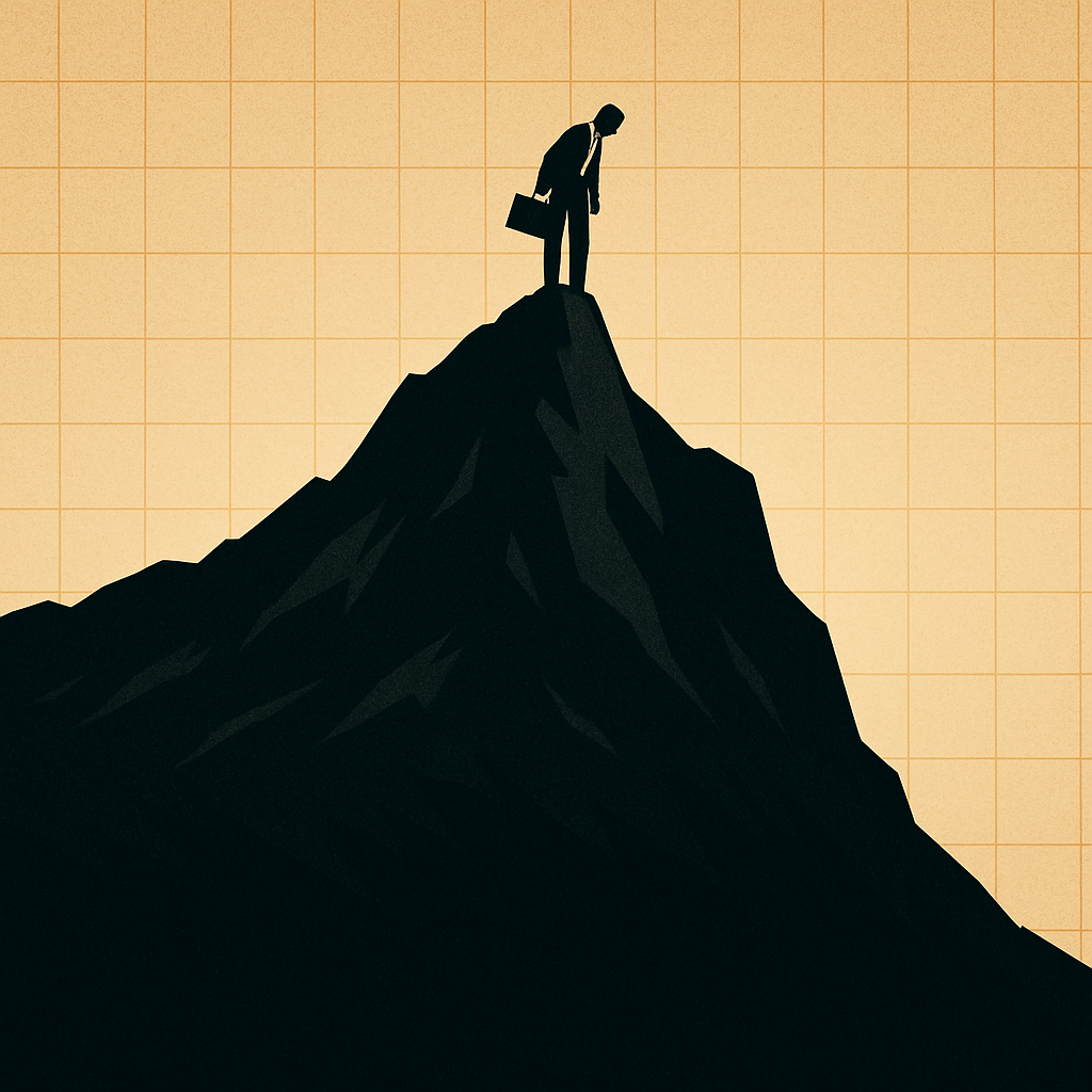 Person with a briefcase stands at the top of a hill and looks down over a cliff.
