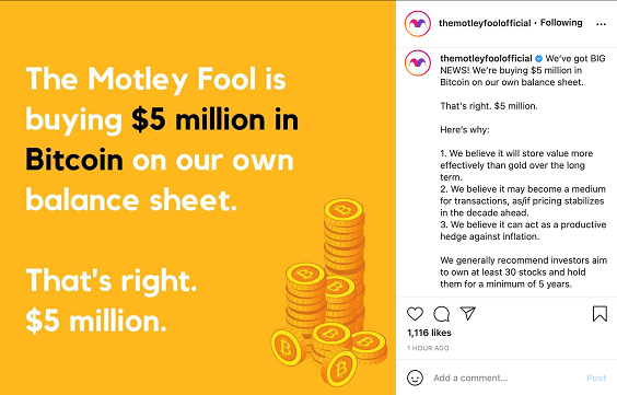 Image: The Motley Fool is buying $5 million in Bitcoin on our own balance sheet. That's right. $5 million. Caption: We've got BIG NEWS! We're buying $5 million in Bitcoin on our own blanace sheet. That's right. $5 million. Here's why: 1. We believe it will store value more effectively than gold over the long term. 2. We believe it may become a medium for transactions, as/if pricing stabilizes in the decade ahead. 3. We believe it can act as a productive hedge against inflation. We generally recommend investors aim to own at least 30 stocks and hold them for a minimum of 5 years.